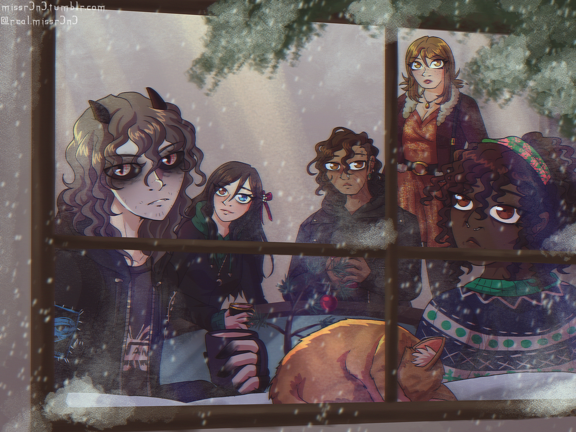 from left to right: joshua, madeline, isaac, jessie, and leah all stand around a coffee table in jessie's apartment. joshua and jessie stare out the frost-covered window at the snow outside